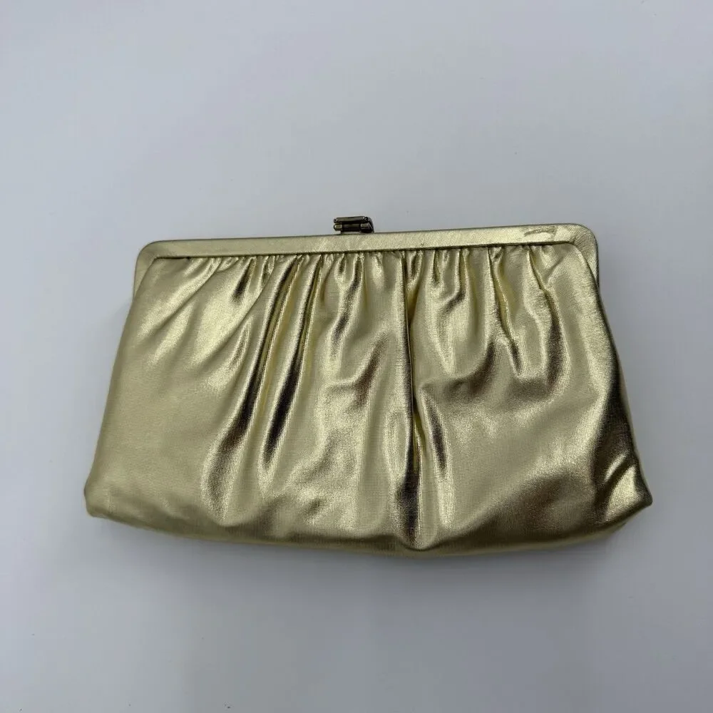 Vintage Unbranded Gold Metallic Shiny Clutch Bag Evening Formal Buckle Satin